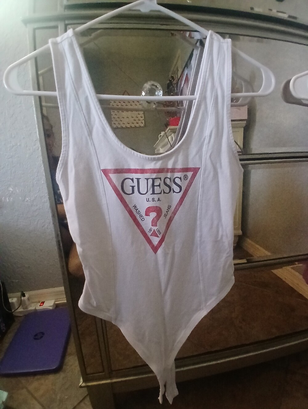 GUESS White One-Piece Bodysuit with Red Logo Triangle